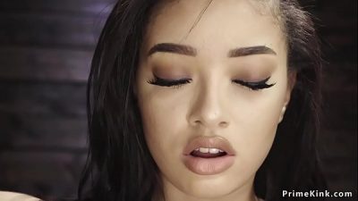 Slim solo ebony babe in shaved and tight pussy shoves fucking machine