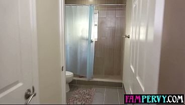 Showering petite teen step sister calls step brother inside to help and rail her