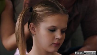 Teen babysitter agrees to have DDLG relationship with bosses and pees on her pants.The petite blonde sucks the milf big tits and gives bj.Shes fucked
